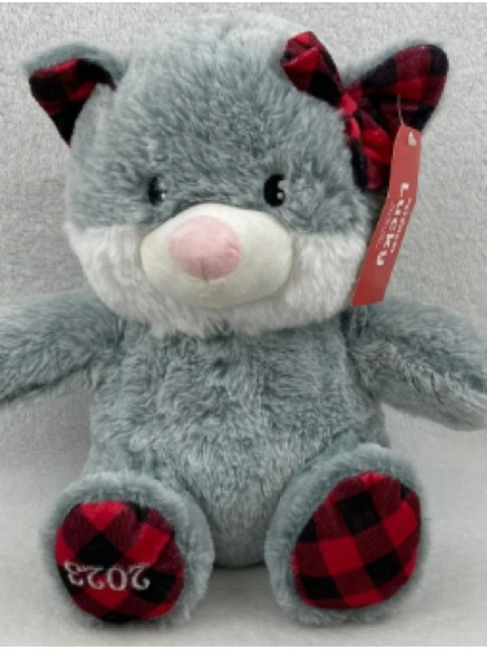 Gray Plush Bear with Red Plaid Accents - Kids Stuffed Animal